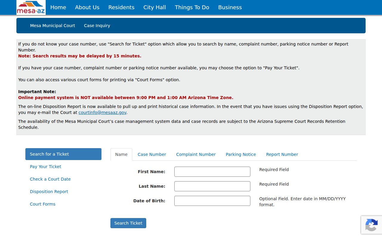 Mesa eCourt official case search controls