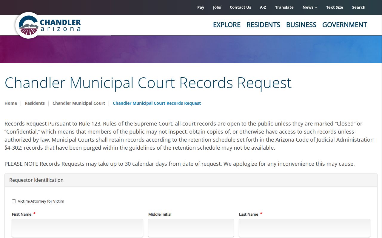 Chandler Municipal Court records request form fields and delivery choices
