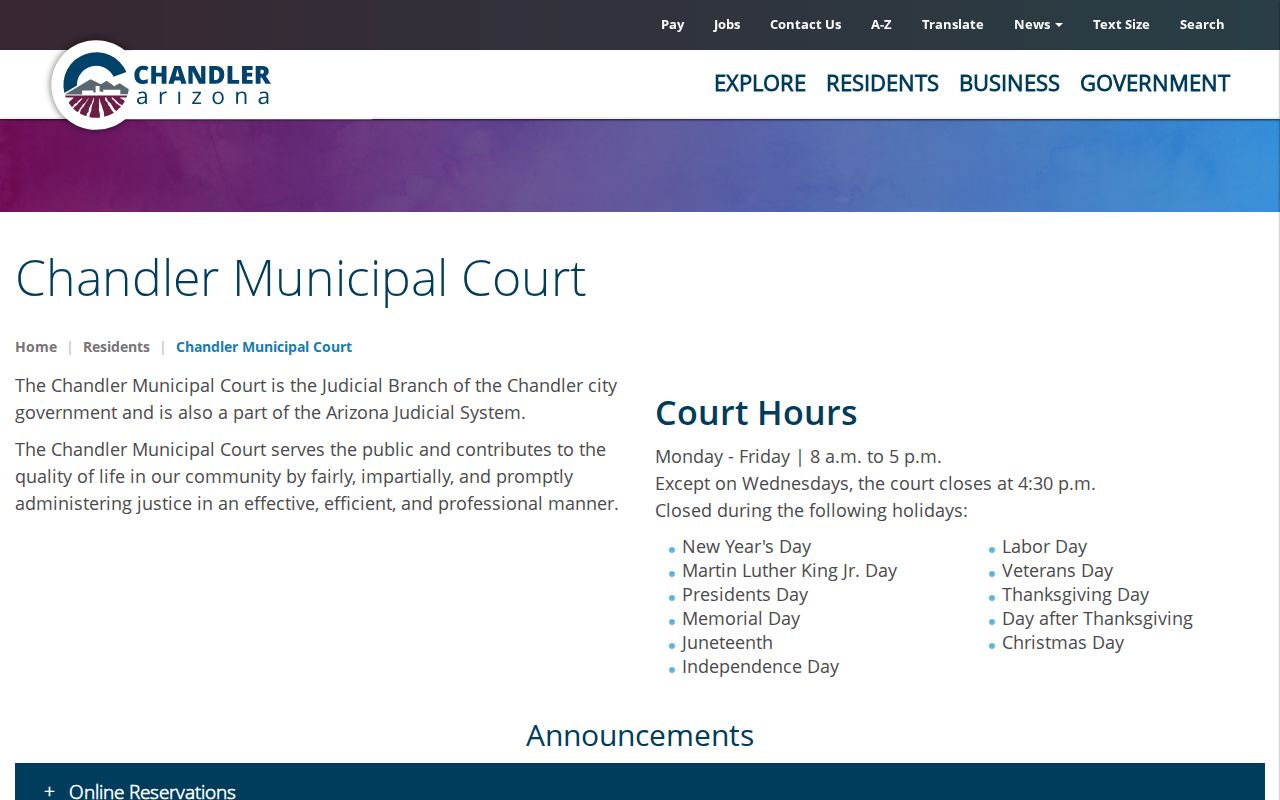 Chandler Municipal Court official location and hours