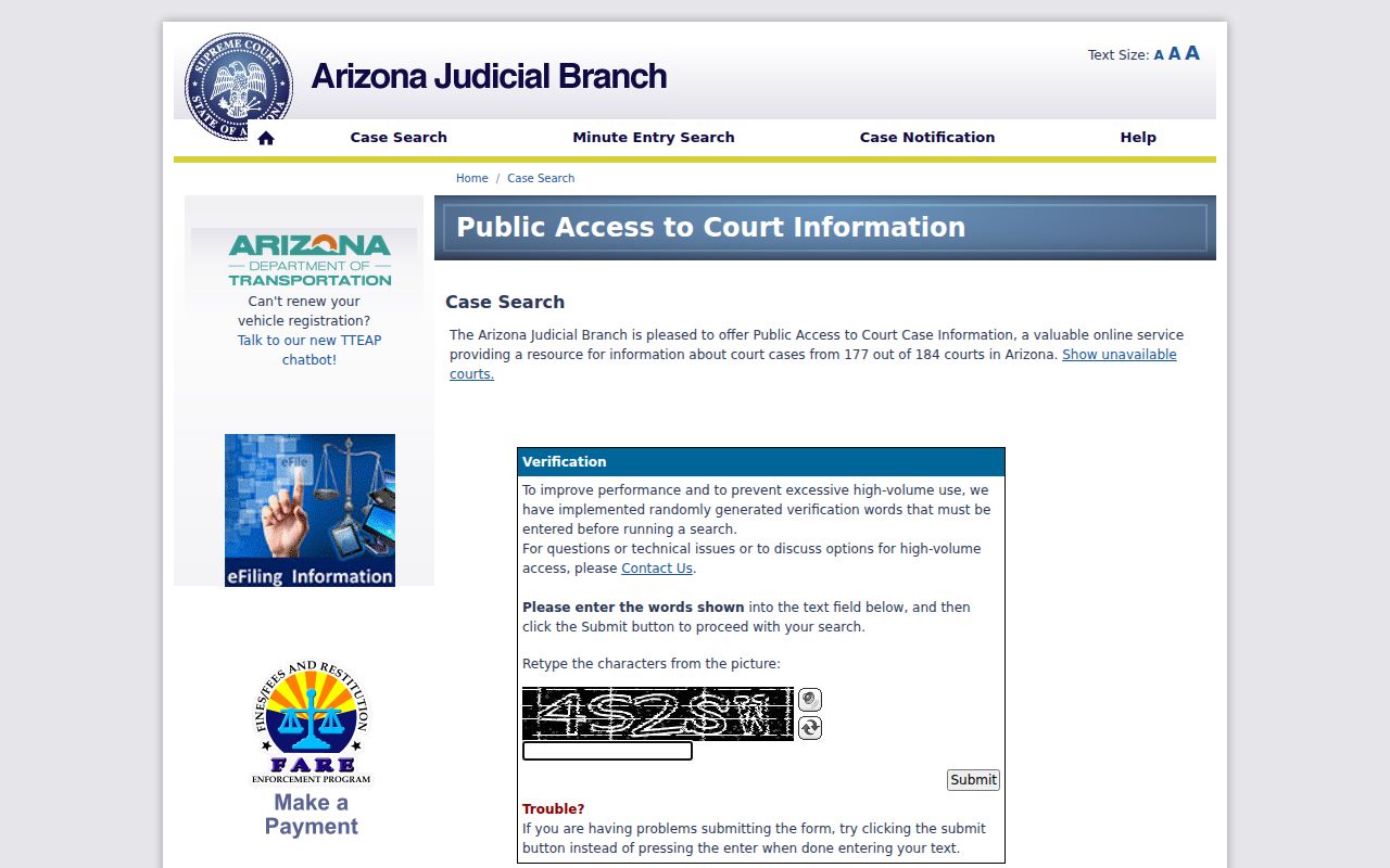 Maricopa County warrant records route in the Arizona court case index