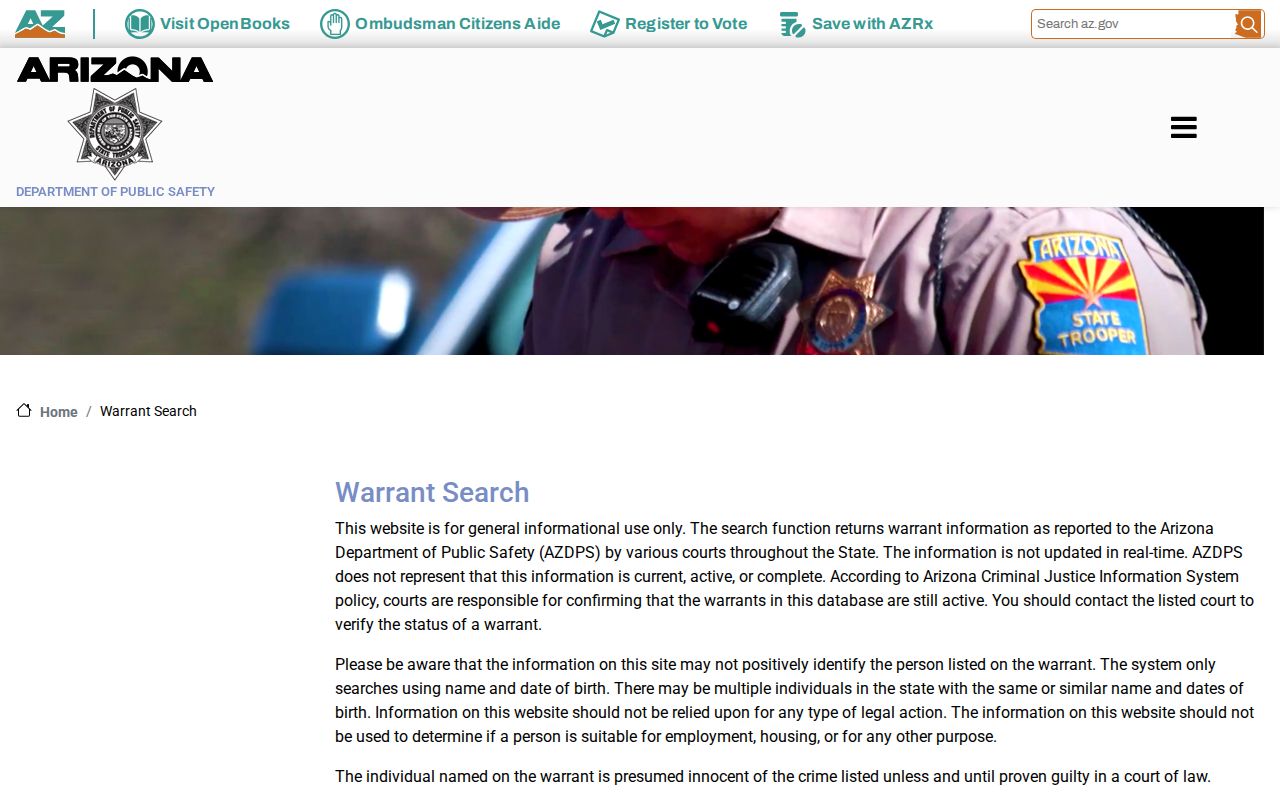 Maricopa County warrant records form on the Arizona DPS website