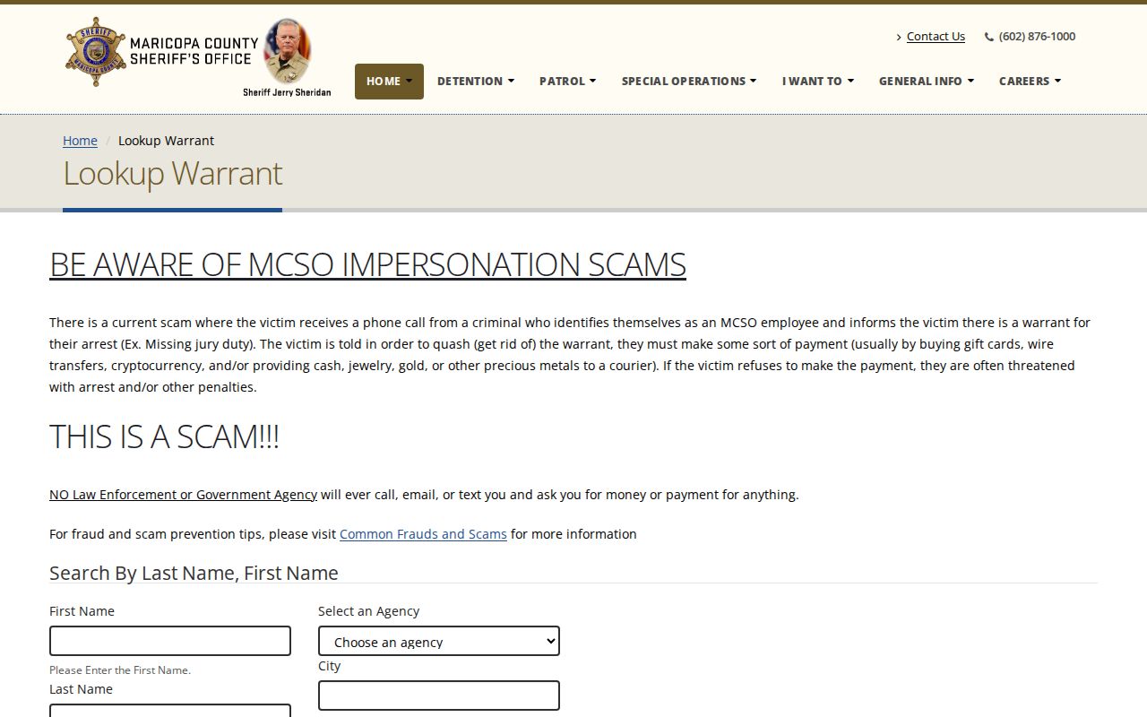 Official MCSO Maricopa County warrant lookup page